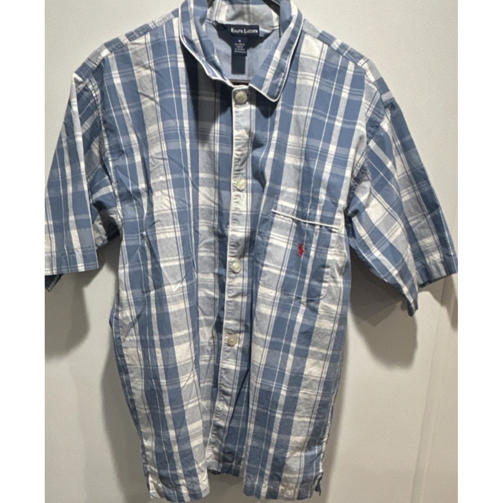 Ralph Lauren Plaid Cotton Button-Down Shirt Blue White Short Sleeve M